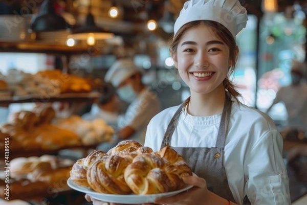Fototapeta Smiling Baker Presenting Fresh Bread in Artisan Bakery. Generative AI