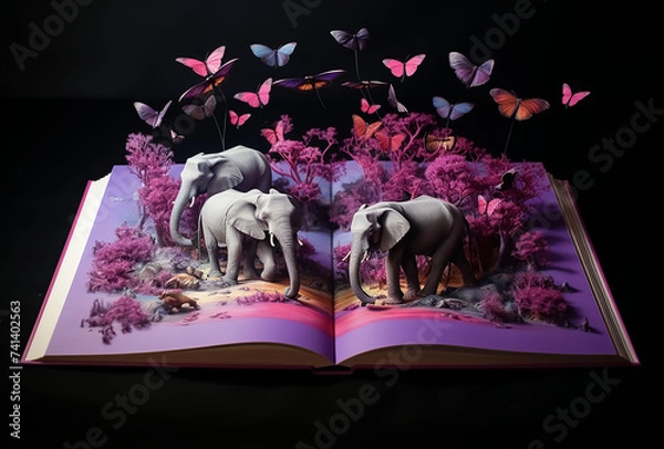 Fototapeta elephants with butterflies standing on a book on world book day.