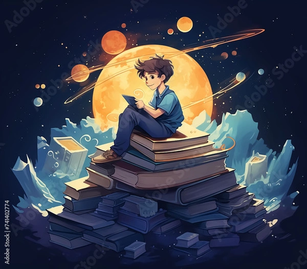 Fototapeta stack of books one overnight letter on it and kid preschooler boy or girl stepping sitting on top.cartoon or realistic style, generative ai image.back to school