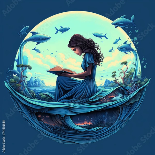 Fototapeta mermaid in the sea reading a book.