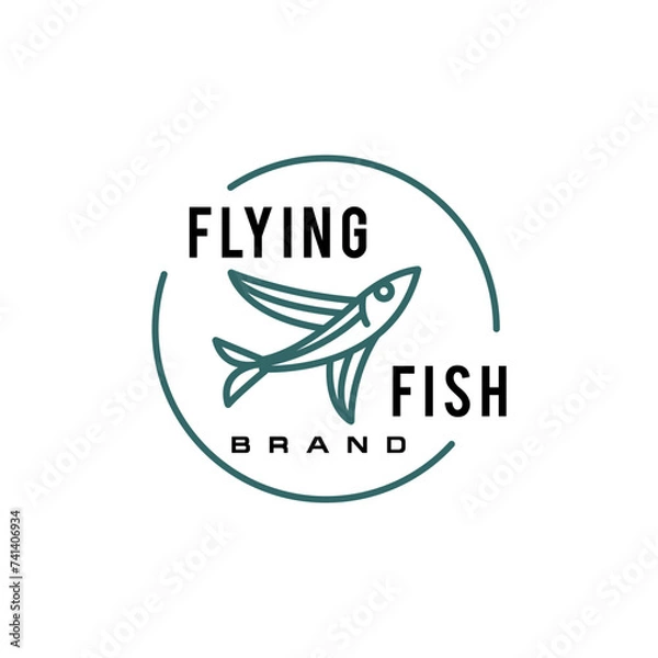 Fototapeta Flying fish thin linear simple icon. Side view. elegant fish stroke line. 
