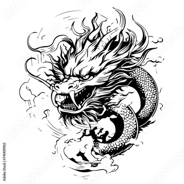 Obraz black and white dragon on white background.