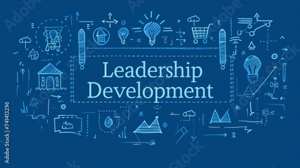 Fototapeta A banner where the text "Leadership Development" is showcased as a blueprint. with icons, symbols, and imagery representing the various components of leadership growth. Leadership Development concept.