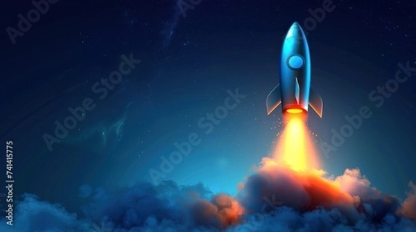 Fototapeta rocket rising up on blue background for copy space