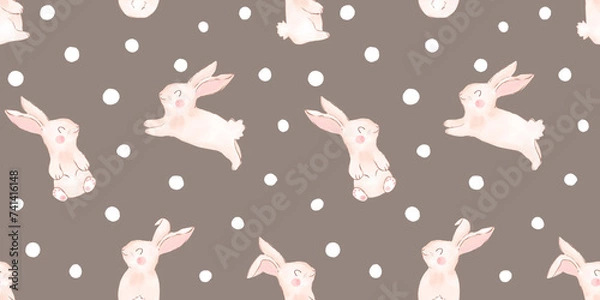 Fototapeta Watercolor easter Bunny seamless Pattern Seamless Painted Bunny brown Background Rabbit Textile Design Cute Spring Bunny Seamless fabric Pattern