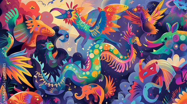 Obraz a bunch of different multi-colored fairy tale characters on a homogeneous surface abstract pattern