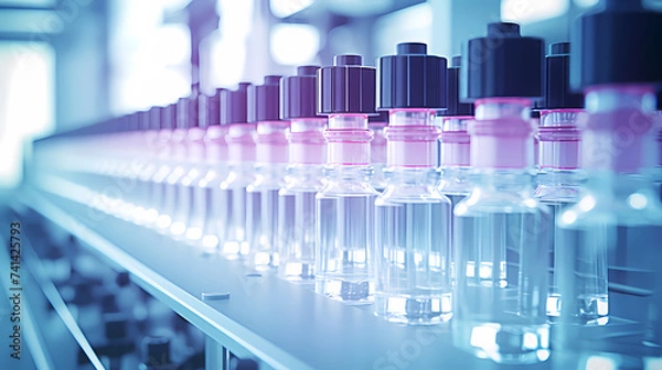 Fototapeta Pharmaceutical factory with conveyor line for glass bottles