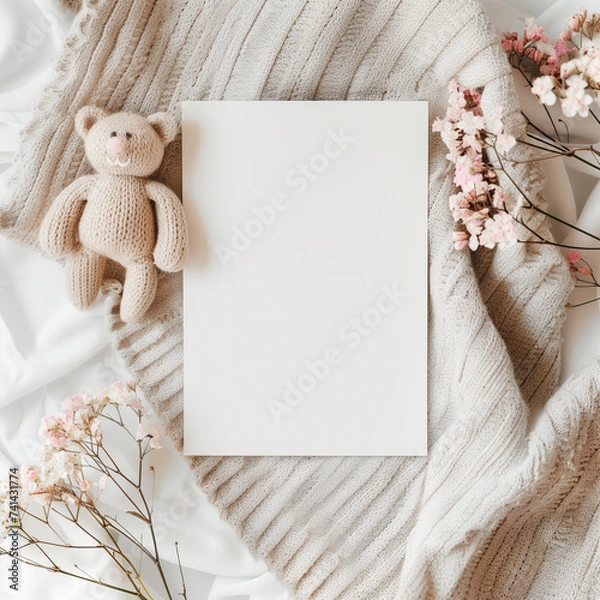 Obraz Top view of teddy bear beside blank paper with pink blossoms, ideal for invitations.