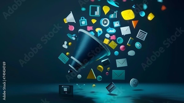 Fototapeta Colorful Icons Surrounding Black Bullhorn Online Marketing Funnel Concept