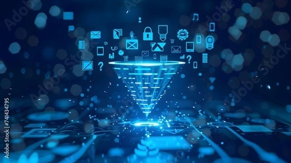 Fototapeta Futuristic Building with Digital Marketing Icons Funnel Online Adv