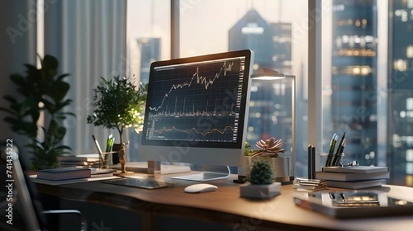 Fototapeta Wooden Desk with Desktop Computer and Financial Growth Chart