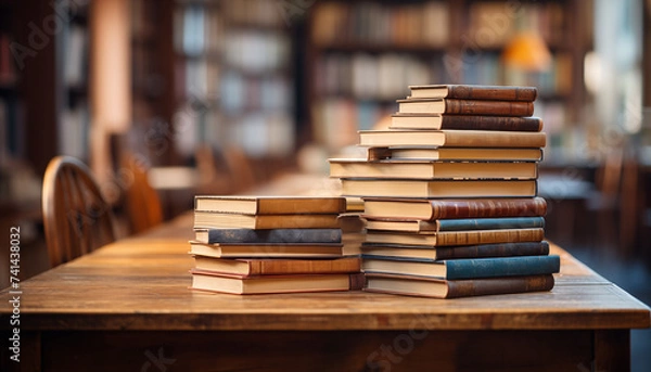 Fototapeta stack of books on a wooden table against a blurred library background.