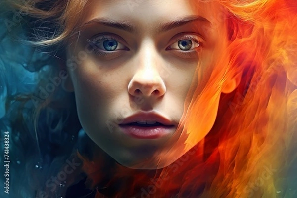 Obraz Fiery Grace: Portrait of a Woman with Red Hair and Intense Expression Amidst Dynamic Colors
