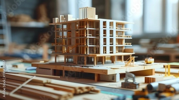 Fototapeta Detailed Architectural Model on Construction Table - High Quality Image