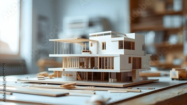 Fototapeta Detailed Architectural Model on Construction Table - PNG