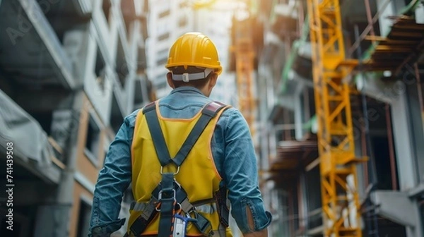 Fototapeta Safety Vest and Hard Hat Construction Worker Ascending Height
