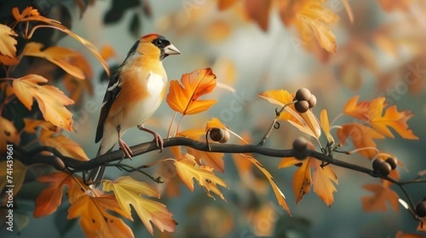 Fototapeta Golden Finch Perched on Autumn Branch with Fallen Leaves