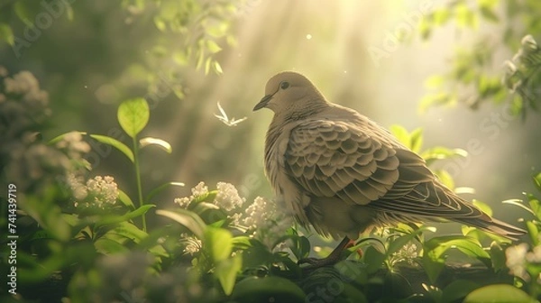 Fototapeta Tranquil Dove Perched on Tree Branch in Soft Sunlight