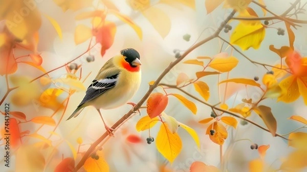 Fototapeta Golden Finch Perched on Autumn Tree Branch - Nature Scene Illustration