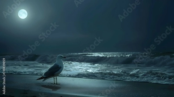 Fototapeta Moonlit Beach Seagull Serenity