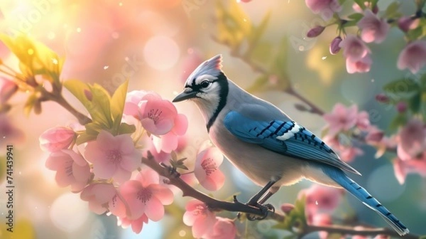 Fototapeta Blue Jay Perched on Flowering Tree Branch in Spring Garden