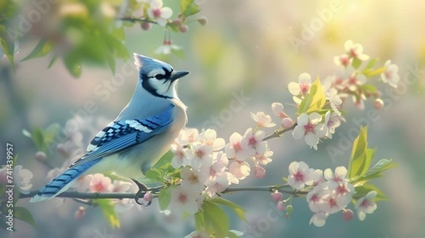 Fototapeta Blue Jay Perched on Spring Branch in Blooming Garden