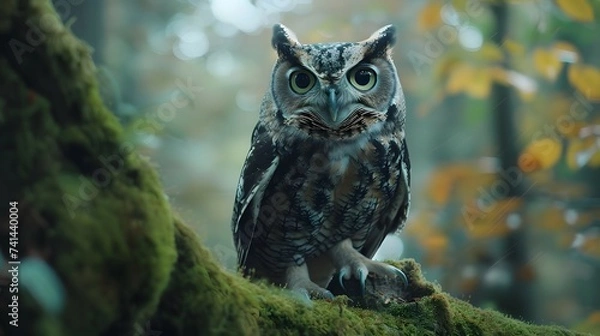 Fototapeta Enchanting Owl Perched on Moss-Covered Branch