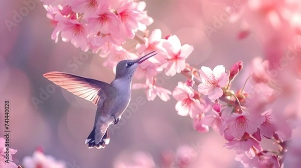 Fototapeta Enchanting Hummingbird Among Blooming Cherry Blossom