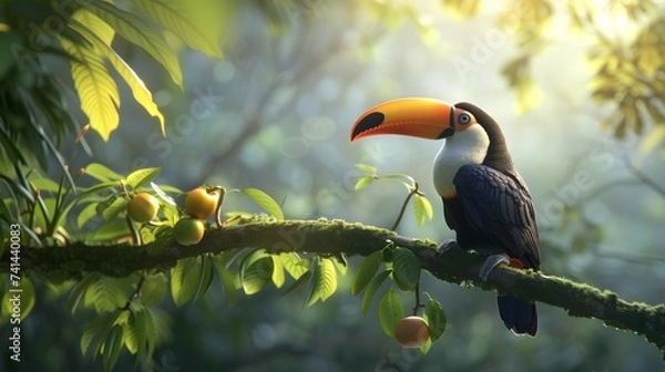 Fototapeta Toucan Perched on Branch with Fruit in Tropical Foliage