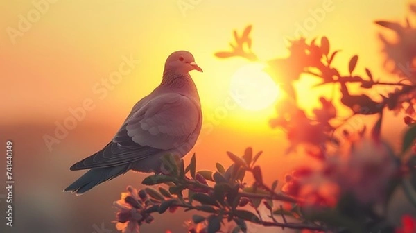 Fototapeta Golden Sunrise Graceful Dove Perched on Tree Branch at Sunset