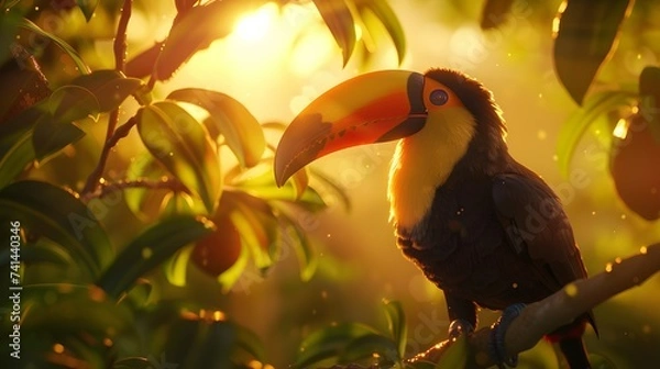 Fototapeta Tropical Sunset Toucan Perched on Branch in Tree