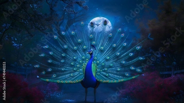 Fototapeta Moonlit Garden Peacock Iridescent Feathers PNG