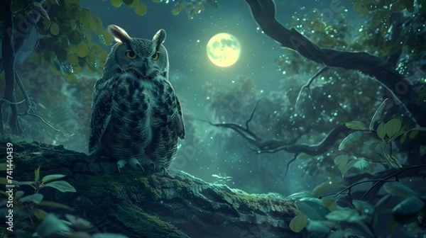Fototapeta Enchanting Owl in Moonlit Forest - Nighttime Wildlife Scene