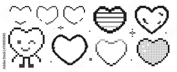 Fototapeta Hearts in pixel and y2k style. Set of retro trendy icons love in monochrome colors. Heart character winks and smile. Vector illustration
