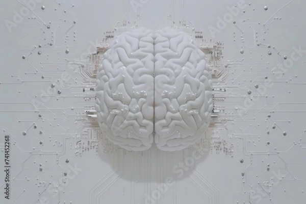 Fototapeta AI Brain Chip brain computer interface chip. Artificial Intelligence rpa mind logical reasoning axon. Semiconductor ai verification circuit board informatics governance