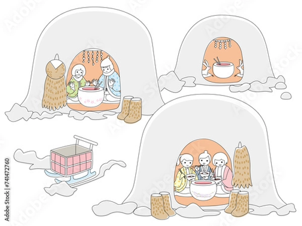 Obraz 雪国のかまくらで暖まる人々