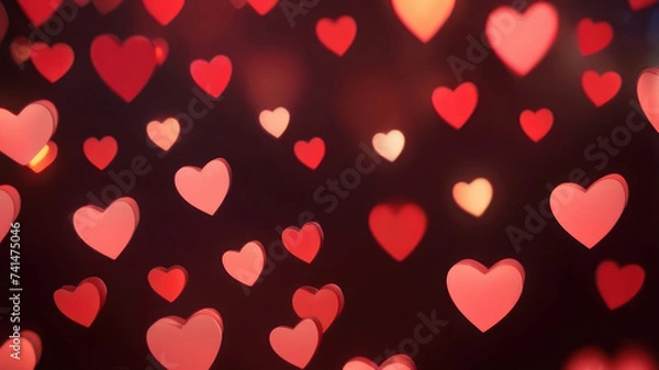 Fototapeta Horizontal background, wedding, Valentine's day. Red bokeh in the shape of hearts. AI generative.