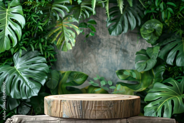 Fototapeta podium and minimal wood product display with tropical leaves background.