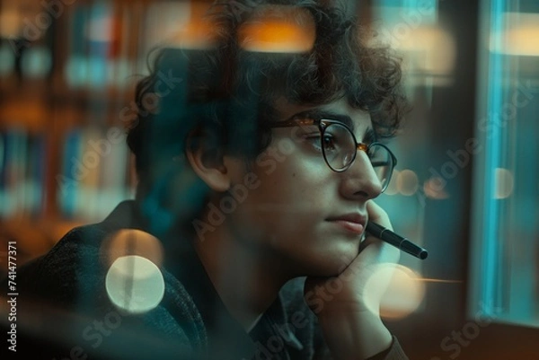 Fototapeta Young man deep in thought, contemplative view through glass.