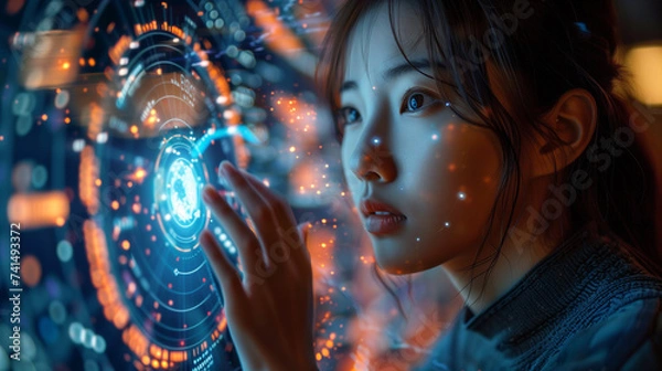 Fototapeta portrait of a person with a future VR glasses and technological background