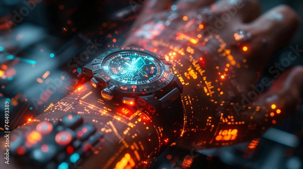 Fototapeta close up of a digital futuristic watch with technological light