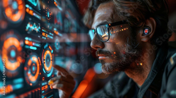 Fototapeta portrait of a person with a future VR glasses and technological background