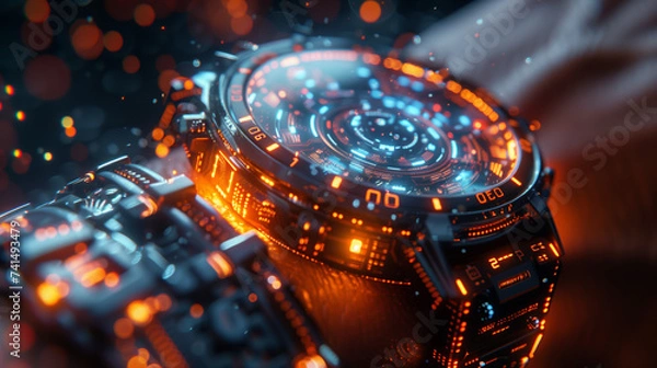 Fototapeta close up of a digital futuristic watch with technological light