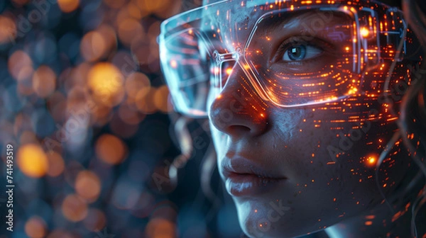 Fototapeta portrait of a person with a future VR glasses and technological background