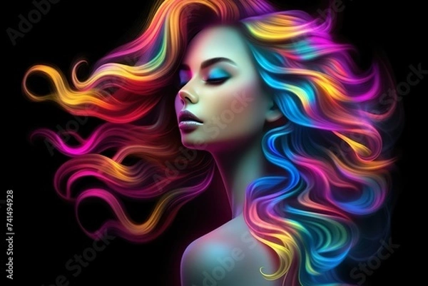 Fototapeta User
Portrait of female fashion model in neon light on dark studio background with colorful hairs