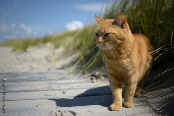 Fototapeta cat on a beach walkway with dunes and grass in the background