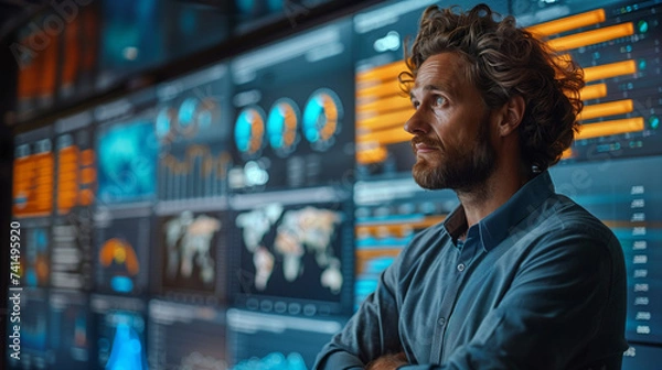 Fototapeta person with a smile in front of digital whiteboard