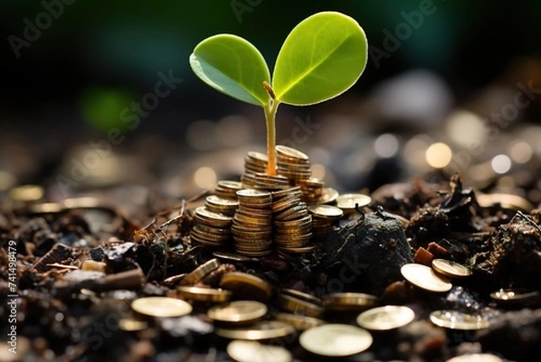 Obraz seedling growing on a pile of golden coins, concept of sustanability, environmentally friendly