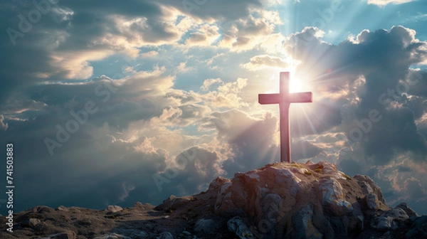 Obraz Christian Cross with Radiant Sun Rays