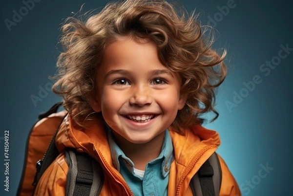 Fototapeta cheerful smilling little bot with backpack, blue isolated background, concept of going back to school, first school day